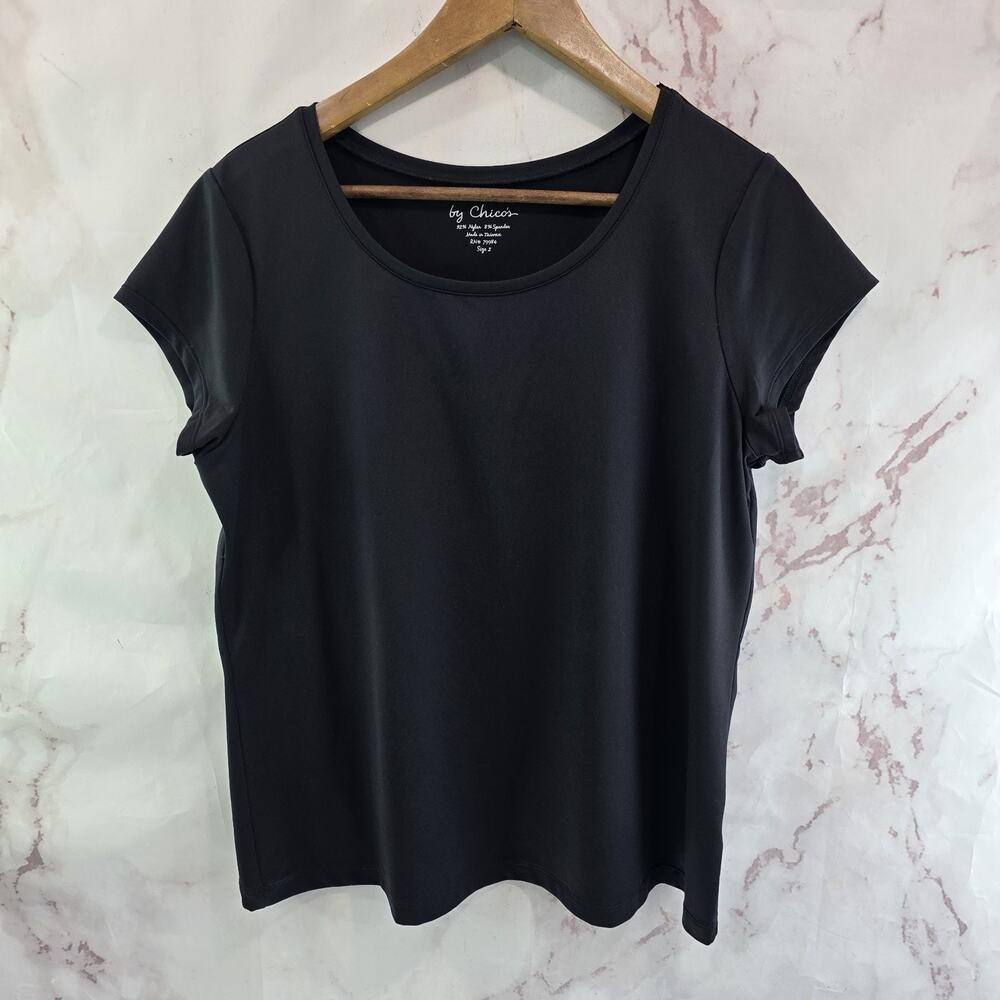 Chicos Shirt Womens 2 Large Black Short Sleeve Round Neck Cap Sleeve